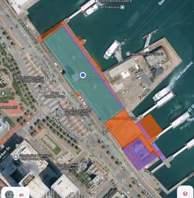 Satellite view of the San Francisco Ferry Building with building footprints highlighted