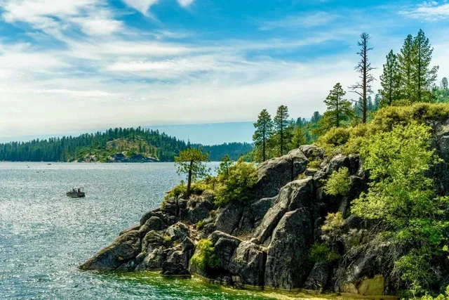 A Sierra Nevada lake with granite shore and pines